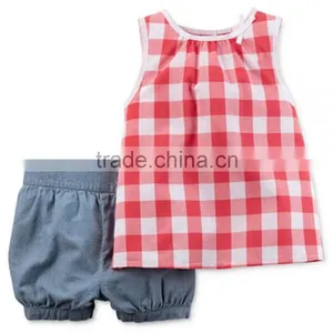 100% Ctn, Children Girls Set, Vest With Woven Stripe Fabrics and Pant With Denim Solid Fabrics thumbnail-1
