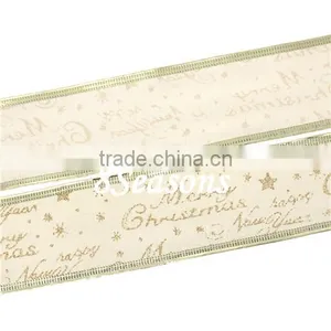 Pale Yellow "Merry Christmas" Star Pattern Velvet Satin Ribbon For Christmas Decoration 5.0cm thumbnail-1