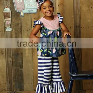 Newest Summer Persnickety Remake Girls Boutique Outfit Children Floral Ruffle Princess Dress and Stripe Capris Set thumbnail-2