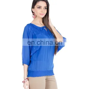2015 Blue Top With Smocking And Tie-up Women Blue Floral Print Tie-up Top thumbnail-4
