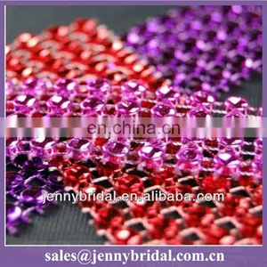 WR002A Wedding Table Skirt Decoration, Mesh Purple and Red Rhinestone Ribbon Wrap thumbnail-1