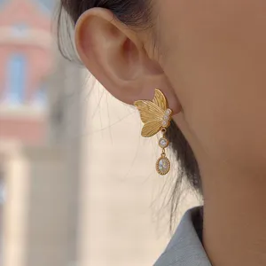 Gold Plated Stainless Steel Butterfly Drop Earrings for Women CZ Stone Dangle Earrings Waterproof Hypoallergenic Jewelry Wholesale thumbnail-4