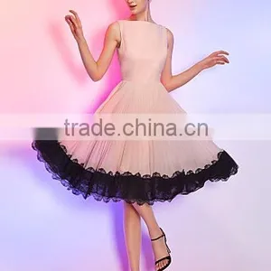 2015 Wholesale Black Lace Side Bateau Pleating Elegant Pink Party Dress thumbnail-1