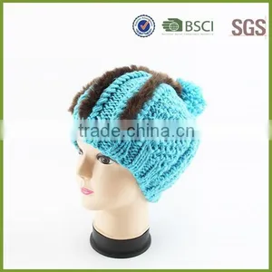 Blue Color Custom Knitted Pom Beanie Hat With Fur thumbnail-2