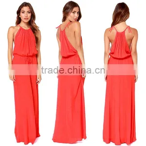 2015 Summer Latest Long Halter Dress|Stock Wholesale Halter Orange Maxi Dress (LCHDS9) thumbnail-1