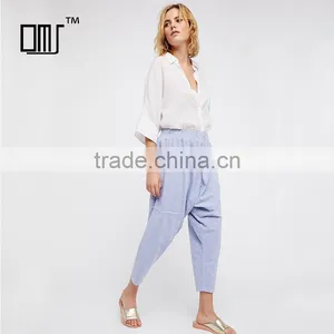 Comfy All Cotton Drop Crotch Fit Easy Drawstring Waist Womens Harem Pants thumbnail-1