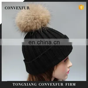 Wholesale Mens Knitted Plain Beanie Hat With Fur Pom Pom thumbnail-1