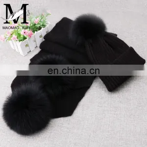Hot Sale Custom Beanie Hat With Scarf Real Fur Pompom Wool Felt Hat thumbnail-6