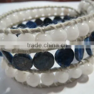 White Jade and Lapis Stone Leather Wrap Bracelets thumbnail-1