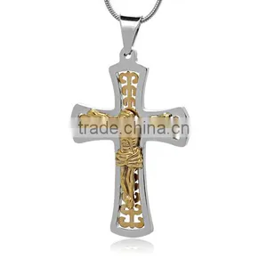 TKB-P1526 Filigree Adorned Gouden Kruisje St. Benedict Crucifix Jesus Christian Fish Stainless Steel Gold Filled Cross thumbnail-1