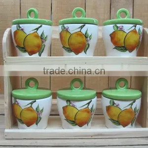 White Ceramic 6 Pcs of Spice Canister Set With Lemon Decal in Wooden Stand thumbnail-1