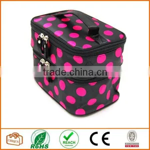 Double Layer Cosmetic Bag Black With Pink Dot Travel Toiletry Cosmetic Makeup Bag Organizer With Mirror thumbnail-3