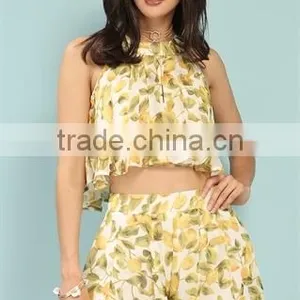 Ladies Aztec Print Crop Top Cheap Wholesale Lemon Print Chiffon Pleated Custom Printed Crop Tops thumbnail-2