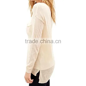 Clairvoyant Front Patch Pocket Rib Knit Cuff Crew Neck Slub Long Sleeve Knit Ladies Pullover thumbnail-2