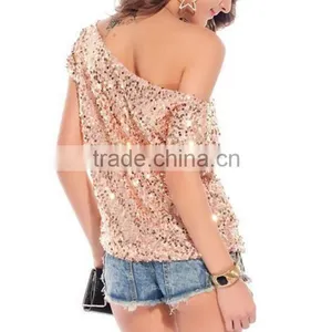 Women's Sexy Oblique Shoulder Bat Sleeve Sequin T-shirt Women's Shirt thumbnail-1