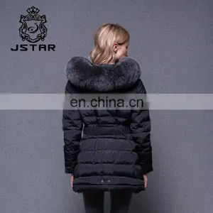 Cheap Black Waist Fed Down Feather Fur Collar Coat thumbnail-6