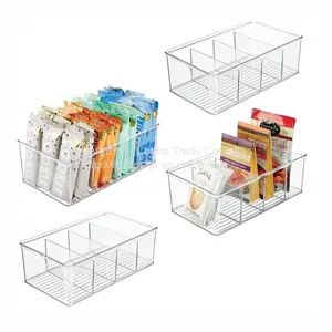 Plastic Food Storage Bin Clear Organizer With 4 Compartments for Kitchen Cabinet, Pantry, Shelf, Drawer, Fridge, Freezer Organization Holds Snack Bars Ligne Collection thumbnail-3