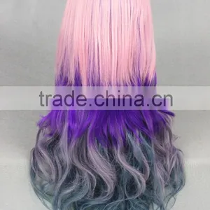 Cheap Beauty Long 70cm Colorful Pink Purple Gary Wave Cosplay Lolita Women Party Wig thumbnail-4