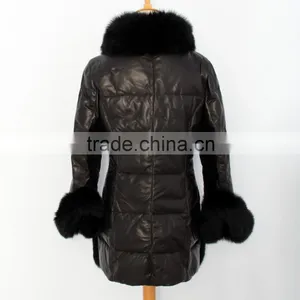Popular Fashion Ladies Natural Leather Coat With Fox Fur Trim thumbnail-2
