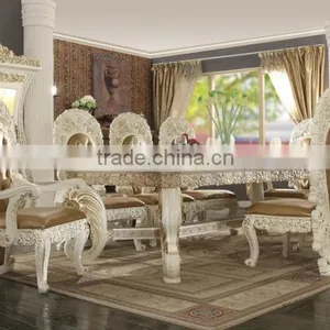 Luxury Ivory And Golden 8 Persons Home Use Dining Table, Baroque Wooden Decorative Display Cabinet And Side Board(MOQ=1 SET) thumbnail-1