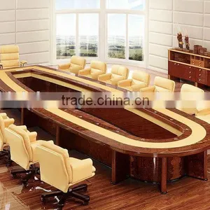Modern Classic Oval Long Italian Design Brown Conference Table for 16 People With Yellow Leather Chairs BF12-06094a thumbnail-1