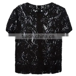Ladies Formal/office Wear Elegant Transparent Short Sleeve Sexy Black Lace Blouse thumbnail-2