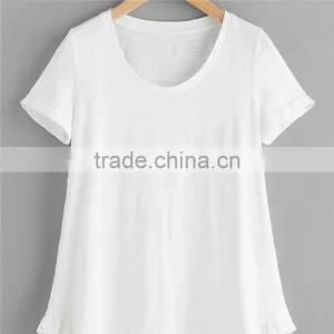 Plain White and Grey Pure Cotton Roll Cuff Ruffle Trim Slub T-shirt thumbnail-2
