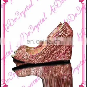 Aidocrystal Handmade Bling Pink Crystal Diamonds Peep Toe Wedge Shoes for Lady Evening Party thumbnail-1