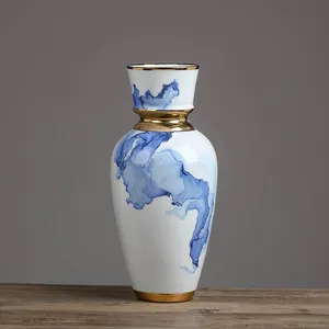 Light Luxury Nordic Applique Electroplate White Blue Large Ceramic Vase For Hallway thumbnail-4
