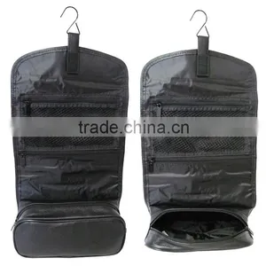 Black Top-grain Cowhide Leather Hanging Toiletry Bag Makeup Organizer Travel Wash Bag for Men thumbnail-3