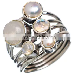 RAINBOW MOONSTONE & PEARL RING ,WHOLESALE SILVER JEWELRY,SILVER EXPORTER,SILVER JEWELRY FROM INDIA thumbnail-1