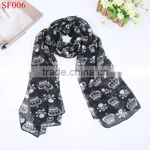 SF007 High Quality Beautiful Lady Temperament Chiffon Silk Neck Scarf White Scarf With Skull Crown thumbnail-3