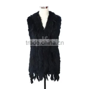 QDMJ006 Lady Clothes Long Knit Rabbit Fur Vest With Raccoon Dog Fur Collar For Women Clothing thumbnail-5