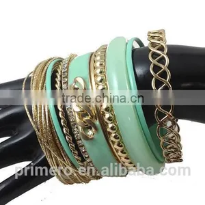 Handmade Gold Plated Multilayer Beads Chain Mix Bracelets Hard Plastic Bangles thumbnail-2