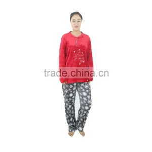 Kevince Flannel Pyjama Set Snow Print Knitted Woman Clothing Nightwear Homewear Sleepwear MOQ 1000sets thumbnail-1