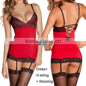 European Sexy Women Babydoll Sexy Lingerie Dress With G-string Stocking Kit Plus Size thumbnail-4