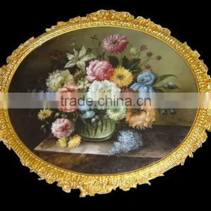 Antique Wood Carved Framed Mural, Oil Painting Ceramic Flower Framed Mural thumbnail-3