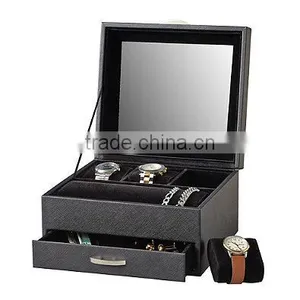 Watch Box Black Leather Display Glass Top Jewelry Case Organizer thumbnail-2