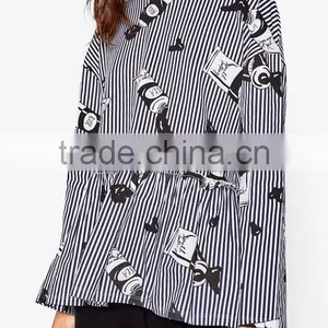 Runwaylover EY2374B Latest Designs Women Formal Blouse Blue Stripe Crane Print Animal Print Drop Shoulder 3/4 Sleeve Blouse thumbnail-1