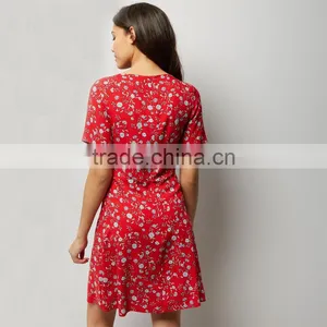 RED Self Bow V-neck Women Printed Short Sleeve Dress thumbnail-4