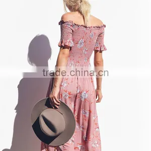 Lady's Smocked Dress With Slit off the Shoulder Floral Long Maxi Dresses thumbnail-5
