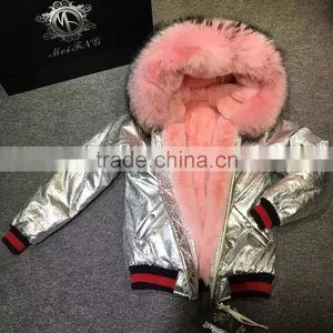 2017 Winter Fashion Sliver Leather Jacket With Pink Faux Fur Lined Leather Wear thumbnail-4