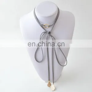 Layered Gray Knot Suede Wrap Necklace Gold Circle Pendant Bohemian Choker Necklace Jewelry thumbnail-2