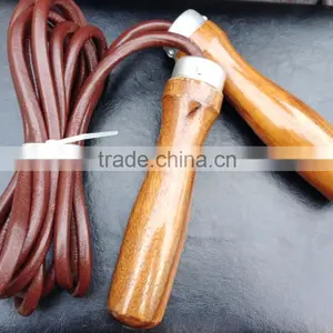 Jump Rope / Skipping Rope Red Wooden Handle - Adjustable Leather Rope - Weight Installed thumbnail-1