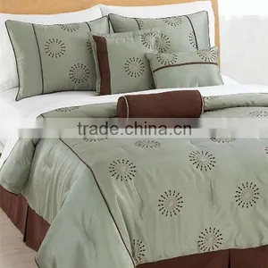 7 Pcs Gorgeous Embroidery Flower Comforter Set Bed In Grey-green Coffee Color thumbnail-1