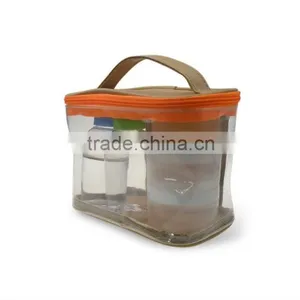 Beige Color Leather Cosmetics Bag Clear PVC Beauty Make Up Bag thumbnail-4