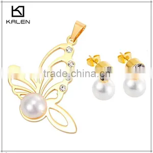 Shiny BUTTERFLY Design With Big Pearl Golden Stainless Steel Pendant Jewelry Set thumbnail-1