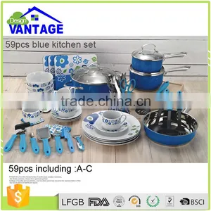 59 Pcs Hot Blue Cooking Pot and Pan Stainless Steel Non-stick Ceramic Cookware thumbnail-1