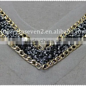 Women Fashion Gold Metal Chain Hot Fix Collar Hot Fix Black Rhinestone Necklace thumbnail-3