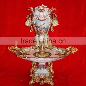 Lovely Cherubim Flower Pot, Hand Painting Ceramic Gold Flower Bowl With Elegant Flowers Mounted thumbnail-6